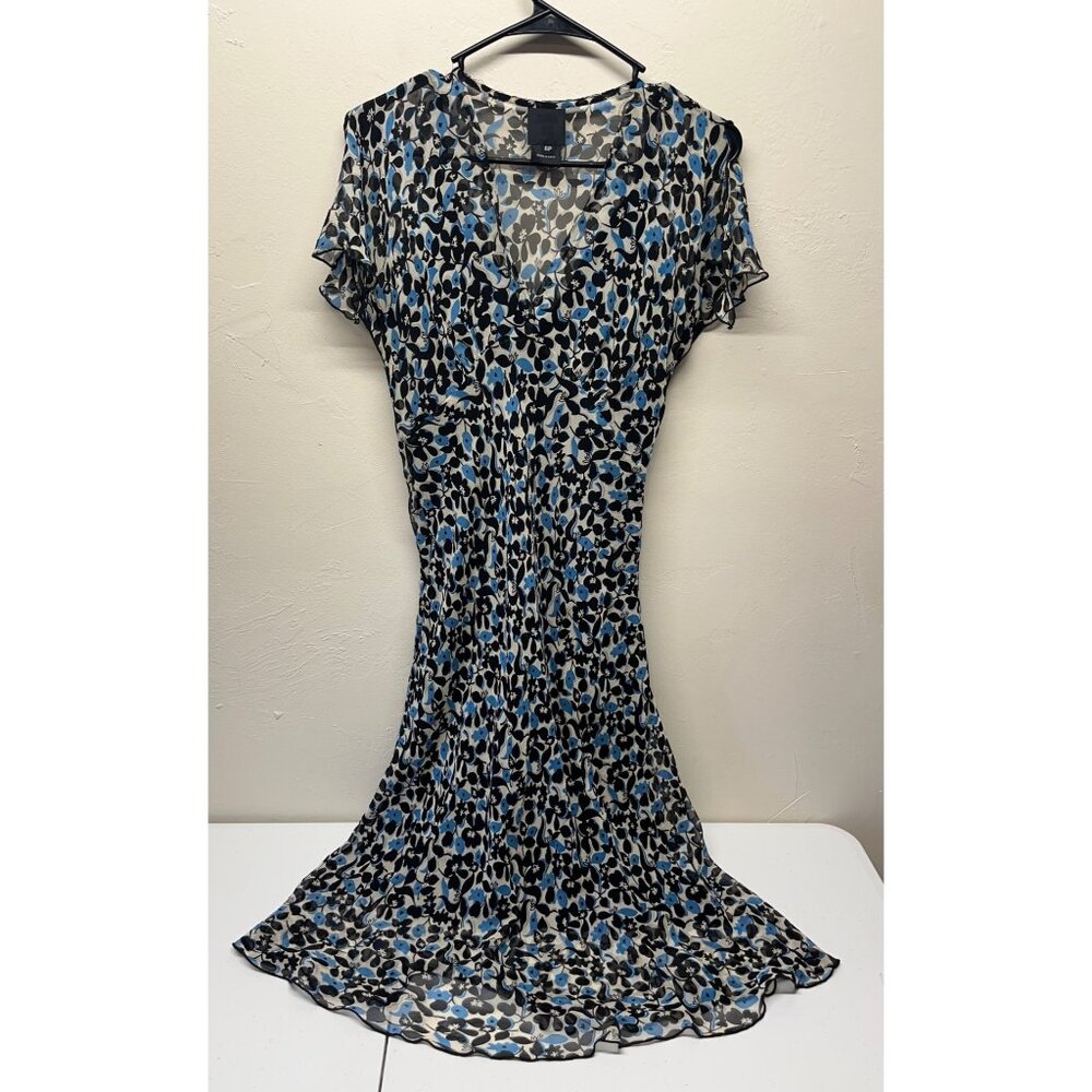 Anna Sui Silk Dress Floral Bias Cut Sheer w/Slip Womens 6P Blue Black Flutter